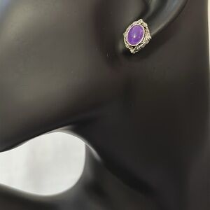 Darker Purple Bead Decorative Filigree in Silver-Tone Stud Earrings